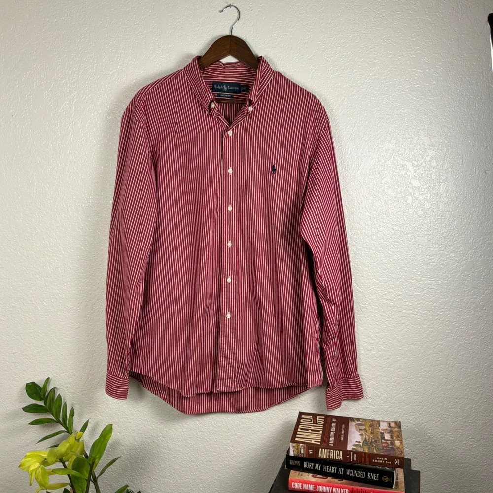 Ralph Lauren Button Down Shirt Mens XL Red Excellent Striped Custom Fit